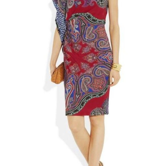 NWOT Etro Tomato red Ruched printed crepe dress
